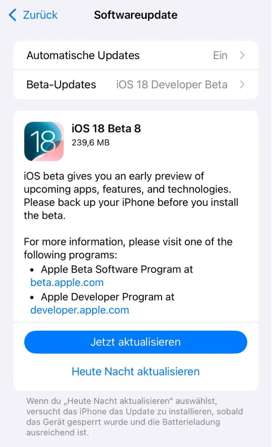 平南苹果手机维修分享苹果 iOS / iPadOS 18 开发者预览版 Beta 8 发布 